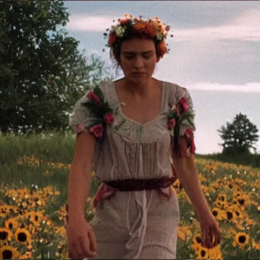 Image similar to vhs footage of a scene from the movie midsommar