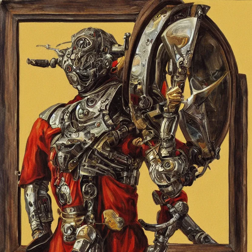 Prompt: oli painting of a medieval cyborg looking its reflection on a big mirror, mechanism visible symmetric defined ultra hd realistic tones