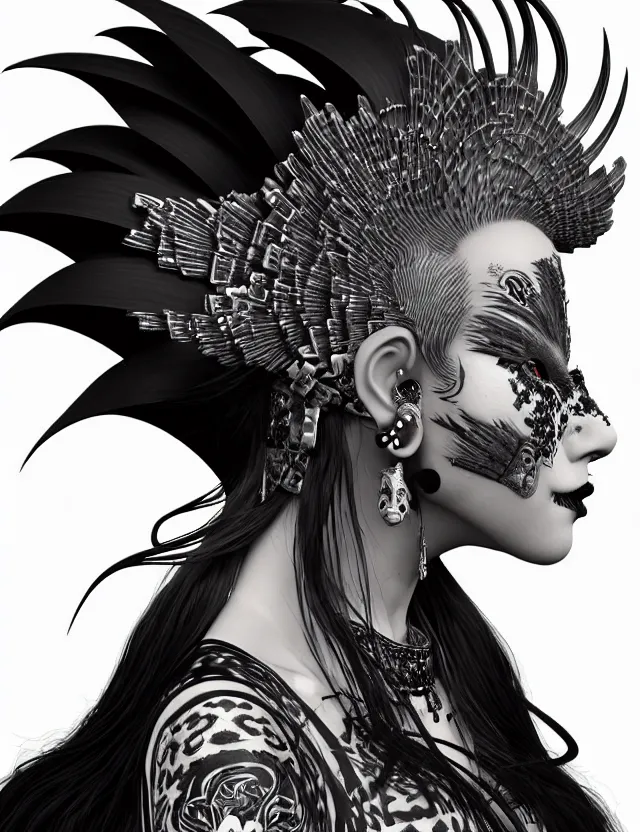 Image similar to 3 d goddess close - up profile portrait punk with mohawk with ram skull. beautiful intricately detailed japanese crow kitsune mask and clasical japanese kimono. betta fish, jellyfish phoenix, bio luminescent, plasma, ice, water, wind, creature, artwork by tooth wu and wlop and beeple and greg rutkowski