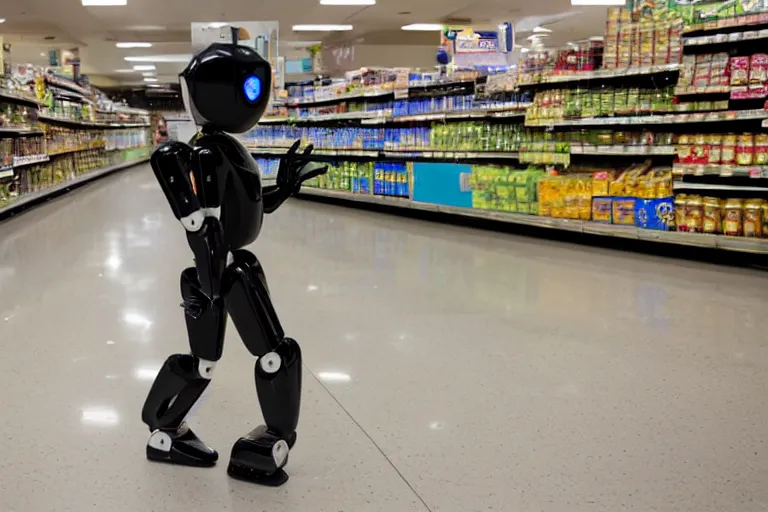 Image similar to photojournalism of sleek humanoid robot walking out of grocery store carrying paper grocery bags