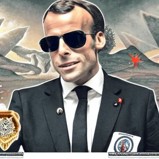 Image similar to emanuel macron hacking his way to illuminati council, freemason, epic, esoteric, matte painting, ultra detailled