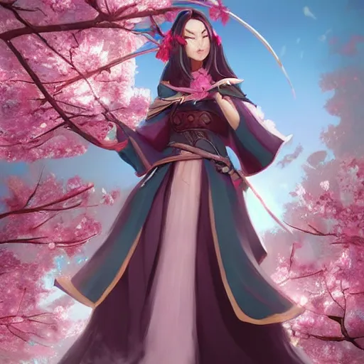 Prompt: stylized D&D character, kitsune cleric leaning against a cherry blossom tree, digital art by Artgerm, James Zapata, concept art, beautiful, highly detailed, trending on artstation