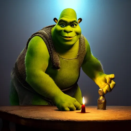 Prompt: painting of shrek, candlelight, 8 k, lens flare, atmosphere, glow, detailed, intricate, beautiful color, dungeons and dragons, dark, gritty, satanic, cinematic lighting, trending on artstation, 4 k, hyperrealistic, focused, highly detailed, unreal engine 5, cinematic, masterpiece