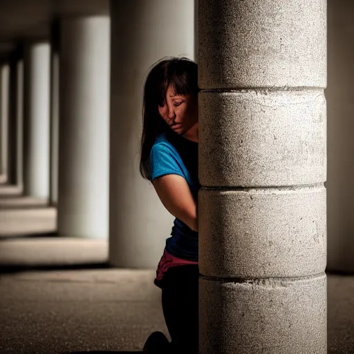 Prompt: photograph of a woman hiding behind a cement pillar, in an underground liminal space, sigma 85mm f/1.4, 4k, depth of field, high resolution, 4k, 8k, hd, full color