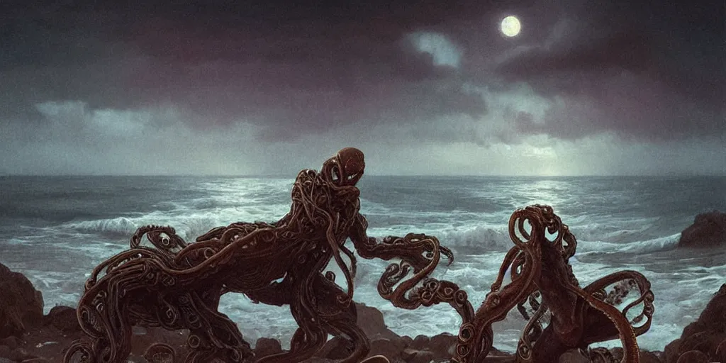 Prompt: landscape view on an old fishing village at night, a humanoid tentacled creature emerging from the ocean, night colors, high - key lighting, beautiful composition, intricate, gradient from green to black, pro photography by, highly detailed, digital painting, art by artgerm and greg rutkowski and alphonse mucha, smooth, sharp focus illustration