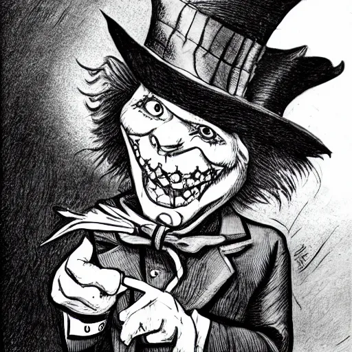 Image similar to a Pop Wonder scary horror themed goofy-hilarious-character Mad-Hatter-wearing a scarf, 3-piece-suit, dime-store-comic drawn with charcoal and pen and ink, half-tone-line-stacking