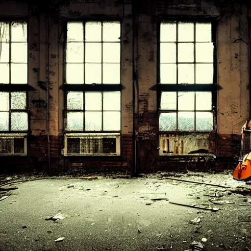 Prompt: abandoned steampunk factory with a Lonely cello, cinematic light,