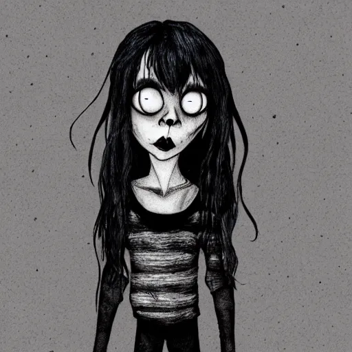 Prompt: grunge drawing of billie eilish in the style of tim burton | horror themed | loony toons style