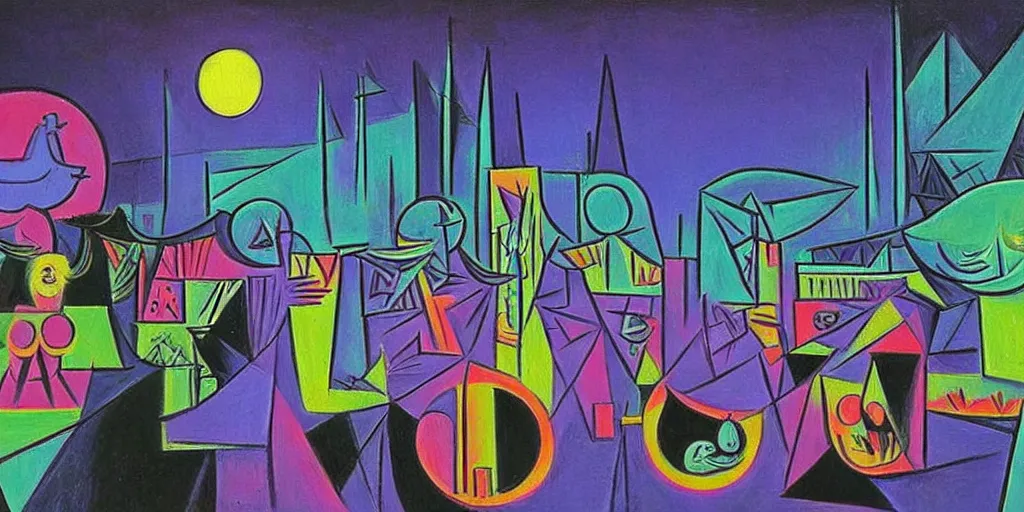 Prompt: A painting made by Picasso of a futuristic vaporwave city with humanoid animals wearing cyberpunk clothes, two suns, four colored moons, at night.