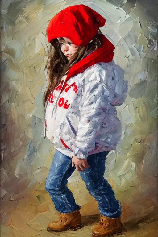 Image similar to palette knife oil painting portrait of nellie, a small figured young woman, dressed like a country bumpkin : jeans, boots, a pointy bright red hoodie. extreme detail, artstation trending, artgerm, any racial background, deviant art, octane, substance, art history 8 k