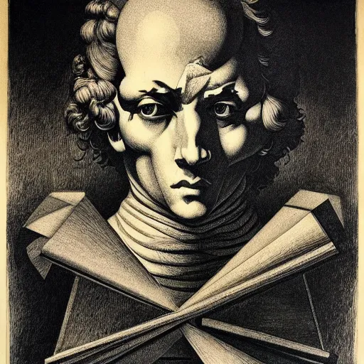 Image similar to lithography on paper conceptual figurative post - morden monumental portrait by goya and escher and hogarth, illusion surreal art, highly conceptual figurative art, intricate detailed illustration, controversial poster art, polish poster art, geometrical drawings, no blur