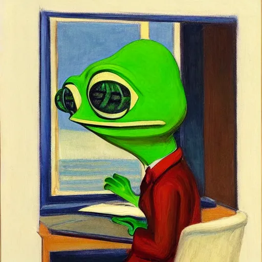 Image similar to pepe the frog in an office by edward hopper