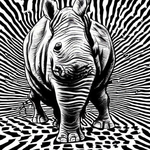 Prompt: black and white trippy comic art of a rhino, lots of particles, drawn by Martin Rowson, Tim Burton, Studio Ghibli, Alex Pardee, Nekro Petros Afshar, James McDermott, cgsociety 4K