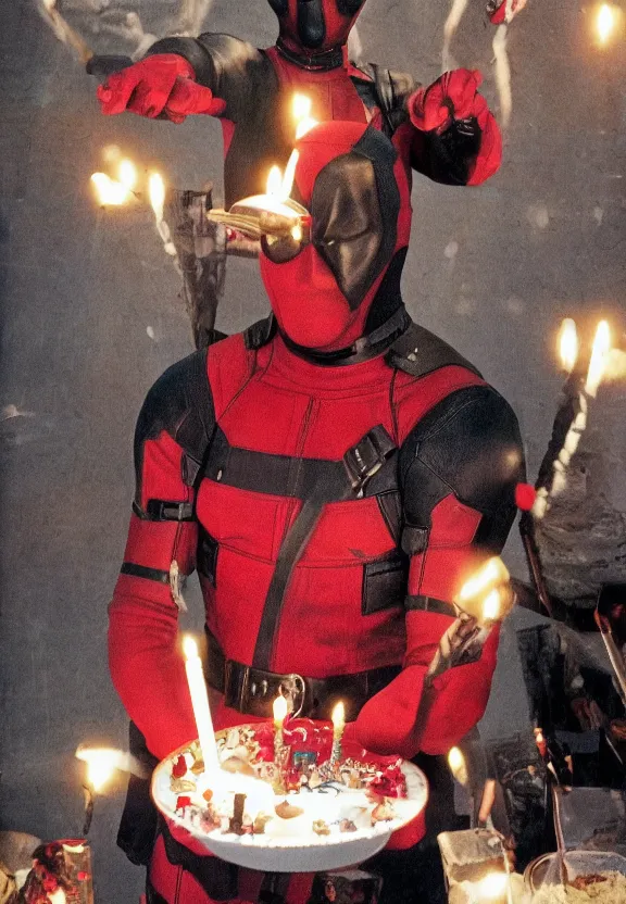 Prompt: a postcard with still film, deadpool holding a birthday cake in bergen norway, candles in his head, high resolution