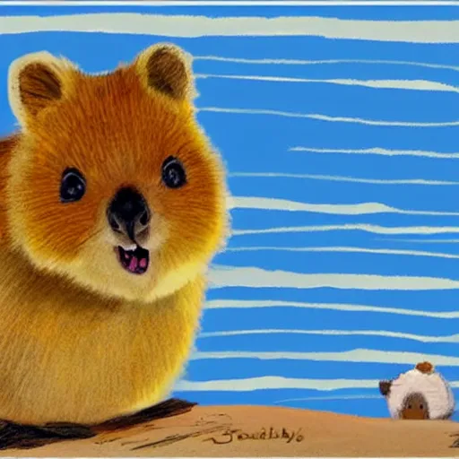 Image similar to detailed illustration, a happy quokka on rotttnest island in the style of may gibbs,