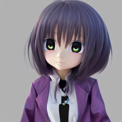 Prompt: portrait of a anime and chibi very cute girl with purple jacket design by antonio mello, xkung work, character modeling, toy design, substance 3 d painter, blender, mental ray, zbrush, soft vinyl, bio luminescent, maximalist sculpted design portrait, studio photo, 7 0 mm lens, trending in artstation