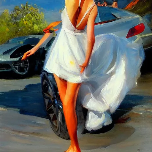 Image similar to painting volegov car blonde woman volcano