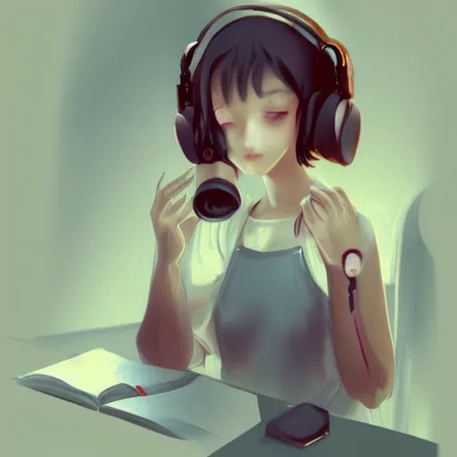 Prompt: lofi hiphop girl studying while listening to music by Wenqing Yan, WLOP, Zumidraws, OlchaS Logan cure liang Xing