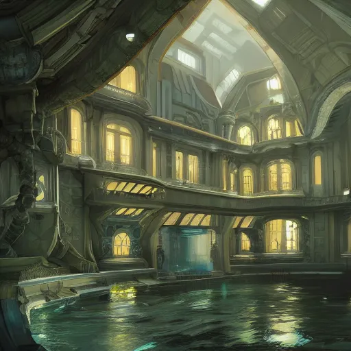 Prompt: futuristic old manor, crisp, artstation, luxury, beautiful, dim painterly lighting aquatic, 3 d concept art