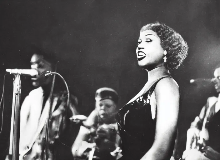 Image similar to a close up photograph of a black female singer, in a red dress, on stage, with her band, 1 9 3 0 s jazz club, smoke, color photograph - filled room