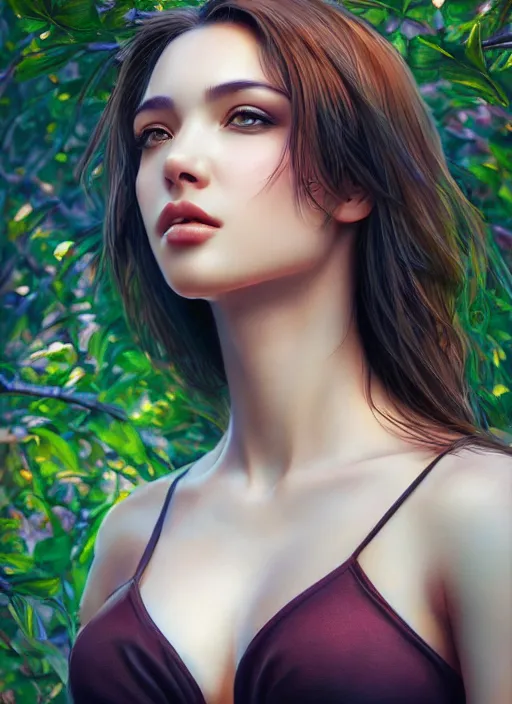 Image similar to photo of a gorgeous female in the style of stefan kostic, realistic, professionally, half body shot, sharp focus, 8 k high definition, insanely detailed, intricate, elegant, art by stanley lau and artgerm, bokeh foliage