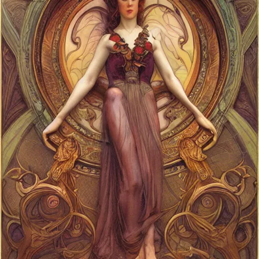 Image similar to an art nouveau painting in the style of donato giancola, and in the style of tom bagshaw, and in the style of charles dulac. symmetry, smooth, sharp focus, semi - realism, intricate detail.