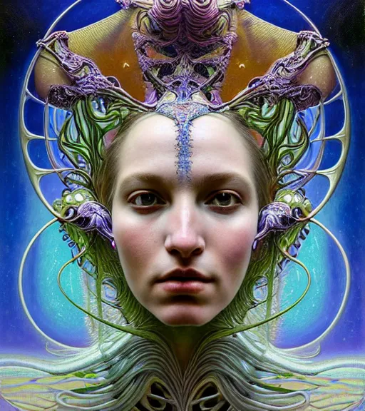 Prompt: detailed!!! coherent realistic beautiful young groovypunk queen of andromeda galaxy in full regal attire. face portrait. art nouveau, symbolist, visionary, baroque, giant fractal details. horizontal symmetry by zdzisław beksinski, iris van herpen, raymond swanland and alphonse mucha. highly detailed, hyper - real, beautiful