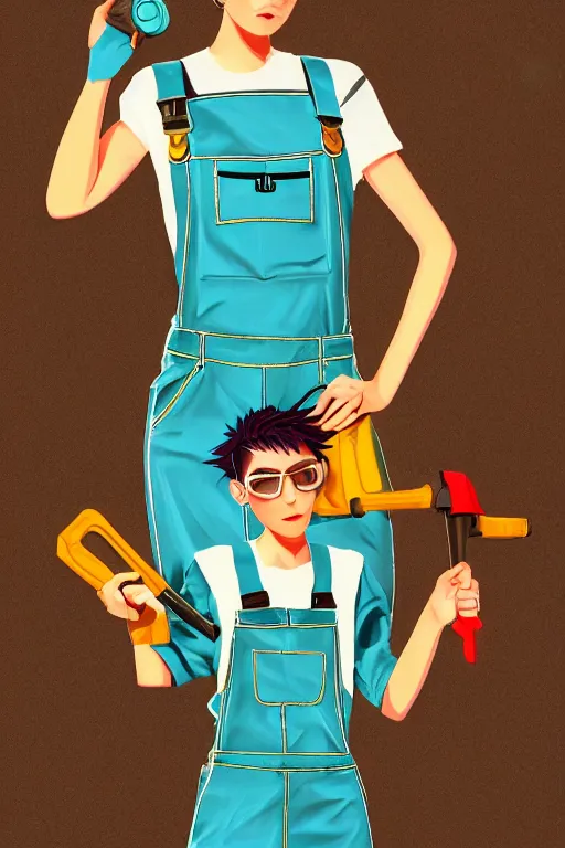 Prompt: a beautiful androgynous punk girl with short turquoise hair who is a mechanic wearing overalls with a utility nag and holding a wrench, digital illustration, digital concept art, digital painting, decorative background, trending on artstation