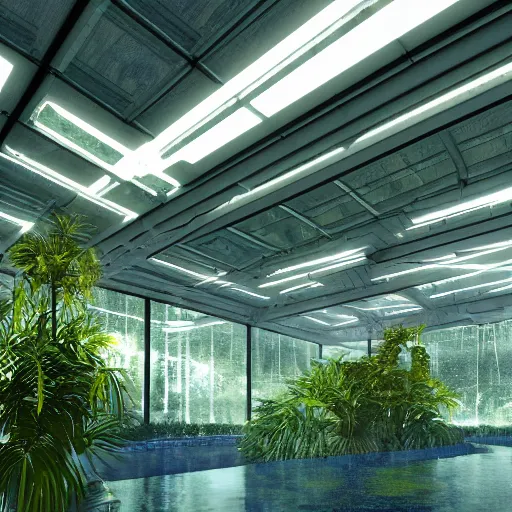 Prompt: cyberpunk futuristic greenhouse apartments in a tropical forest setting. dusty moody lighting. heavy rain is falling through a central opening in the roof, into a dimly lit pool of water in the center of the room. architectural concepts inspired by dune 2 0 4 9, 8 k, photorealism, hdr, ultra sharp, environmental render, concept