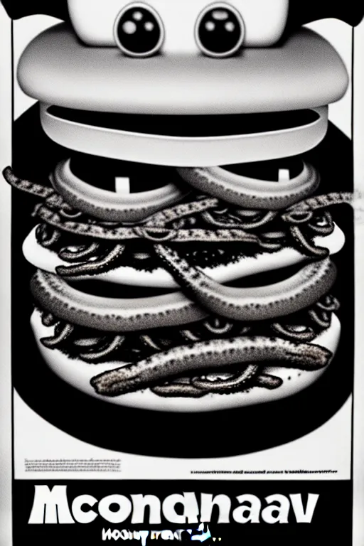 Image similar to mcdonald's horror retro tv advertisement, nightmare, burger surrounded by worms, black and white, ultra realistic, 4 k, digital art, cinematic style of david kronenberg