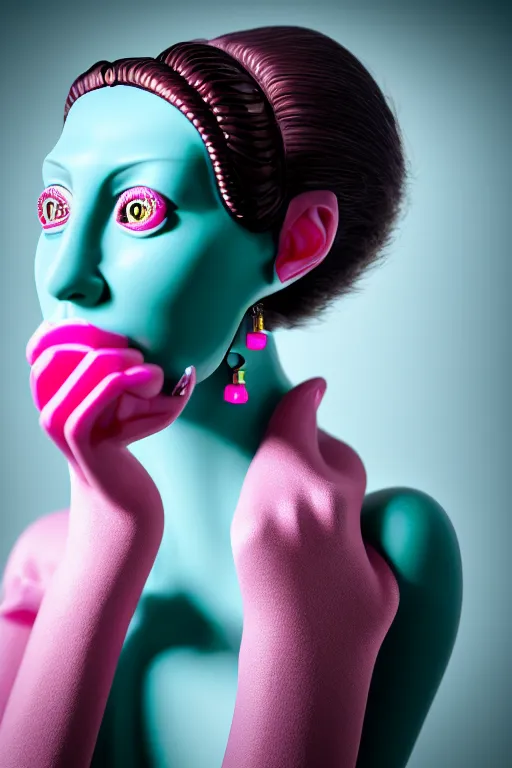 Image similar to hyperrealistic very detailed profile of rococo woman with pink eyes and mechanical mouth tjalf sparnaay very dramatic dark teal lighting wide angle 35mm shallow depth of field 8k