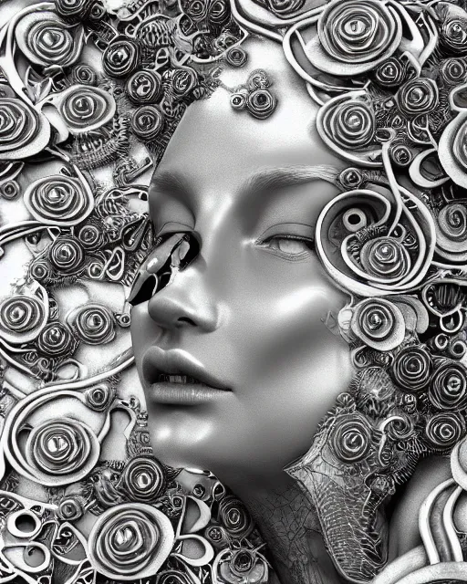 Image similar to mythical dreamy black and white organic bio-mechanical spinal ribbed profile face portrait detail of translucent steampunk beautiful female angelic-human-queen-vegetal-cyborg, highly detailed, intricate trnaslucent ivy jelly ornate, poetic, translucent roses ornate, 3D render, digital art, octane render, 8K artistic photography, photo-realistic, by Dora Maar