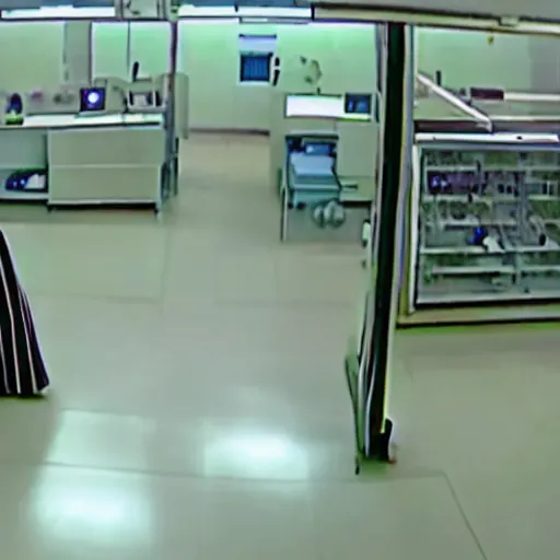 Prompt: cctv footage of a hooded ghost inside a laboratory