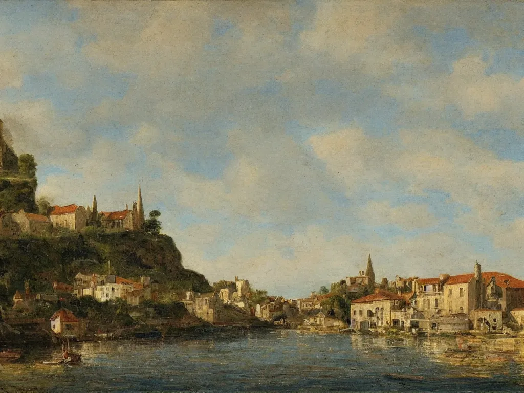 Prompt: a small village, viewed from the harbor, by jean - baptist monge,