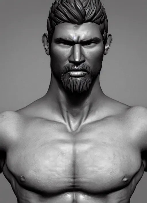 Prompt: rugged male [ muscular, shirtless, oily ]!!, trending on artstation, front view!!, portrait!!, contest winner, intricate, [ 4 k realism ]!!, 3 d render, zbrush!!, zbrush contest winner, full body!!, bright, sharp, artstation 3 d, cgsociety best