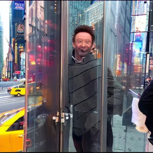 Prompt: “ hugh jackman trapped inside a glass box in the middle of times square ”