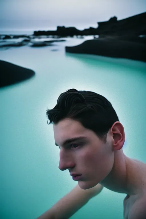 Image similar to high quality pastel coloured film mid angle docu photograph of a beautiful young 2 0 year old male, soft features, short black hair, falling in an icelandic black rock pool environment. atmospheric. three point light. photographic. art directed. ( pastel colours ). volumetric light. clearcoat. waves glitch. 8 k. filmic.