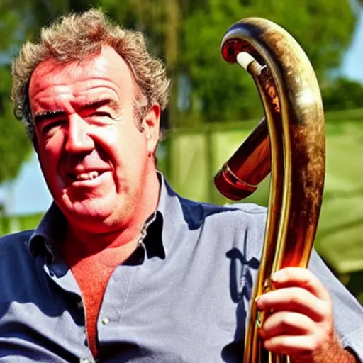 Prompt: Jeremy Clarkson holding a big horn.