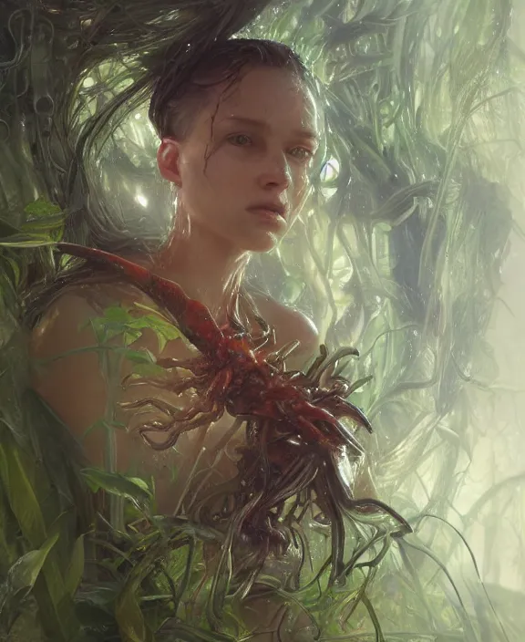 Image similar to portrait of a wet slimy alien insect creature, adorable, childlike, overgrown environment, ultra realistic, concept art, psychedelic, photorealistic, octane render, 8 k, unreal engine. art by christopher marley and artgerm and greg rutkowski and alphonse mucha