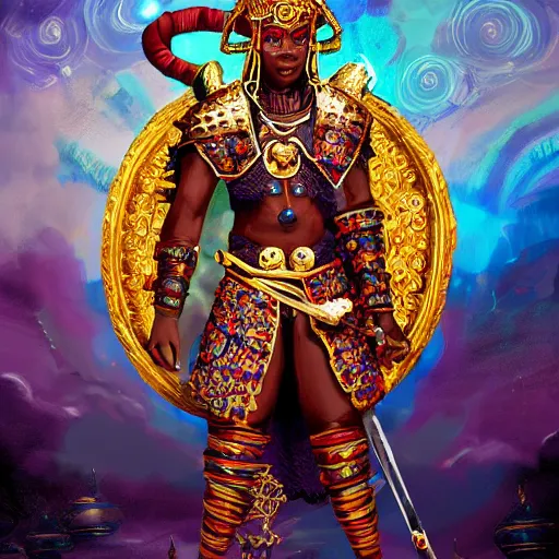 Prompt: a young black boy dressed like an african moorish warrior in gold armor and a crown with a ruby, posing with a very ornate glowing electric spear!!!!, in a thunderstorm, for honor character digital illustration portrait design, by android jones in a psychedelic fantasy style, dramatic lighting, hero pose, wide angle dynamic portrait