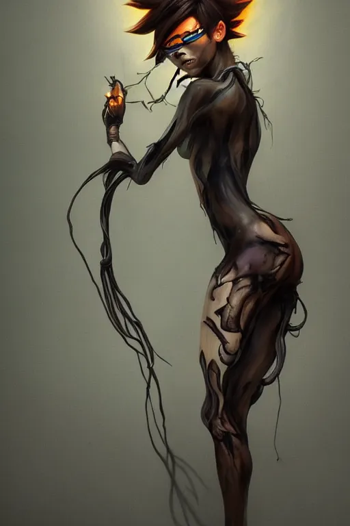 Prompt: dark full body painting of tracer from overwatch, in style of zdzisław beksinski, scary, horror, 4 k, feminine facial features, overwatch tracer character, horror, body horror, disturbing, detailed face, dressed in dark garment, black tendrils, tall, long legs,