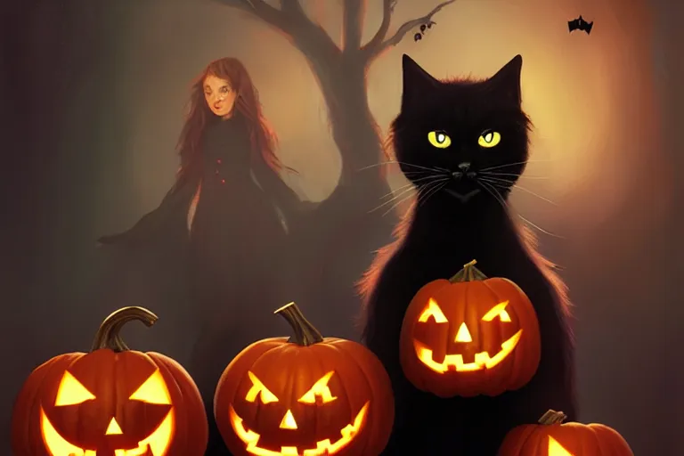 Image similar to portrait of black cat standing next to a jack - o - lantern, halloween night, charlie bowater, artgerm, ilya kuvshinov, krenz cushart, ruan jia, realism, ultra detailed, 8 k resolution