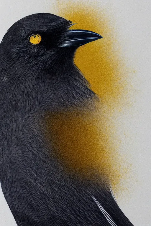 Image similar to beautiful serene smart crow, healing through motion, minimalistic golden ink airbrush painting on white background