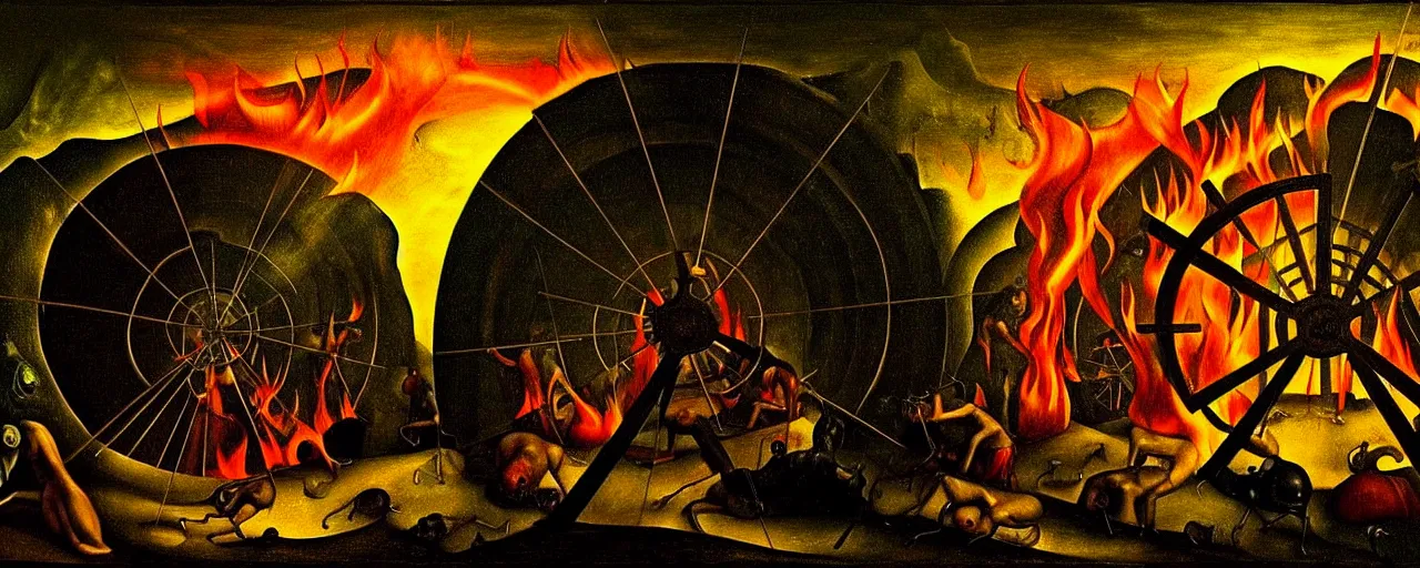 Image similar to trapped on a hedonic treadmill, dark uncanny surreal painting by bosch, dramatic lighting from fire glow, mouth of hell, ixions wheel