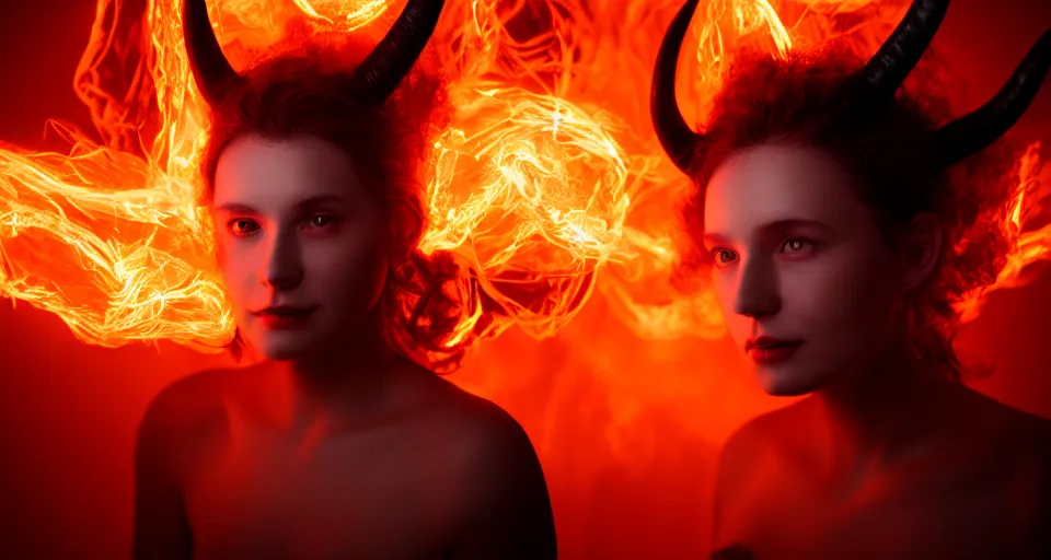 Image similar to portrait of a woman with horns made of flames in the wisps of thick smoke, looking into the camera, studio photography, studio lighting, realistic render, octane render, 4 k, 8 k, face in focus