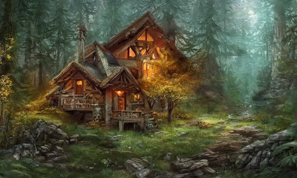 Image similar to chalet in a woodland forest, digital art, concept art, fantasy art, highly detailed, hd wallpaper, hdr, artstation, deviantart, behance