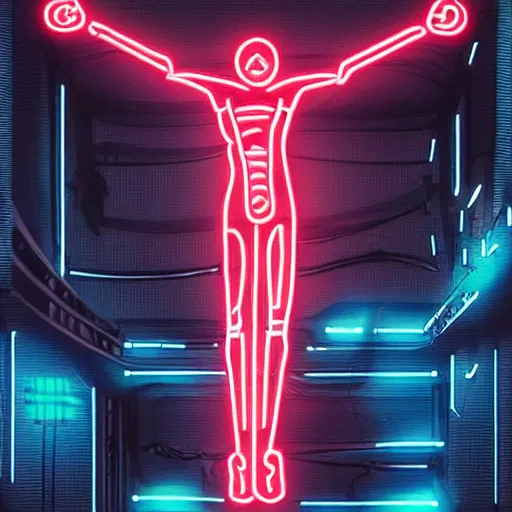 Prompt: neon cyberpunk robot crucified by matthias grunewald
