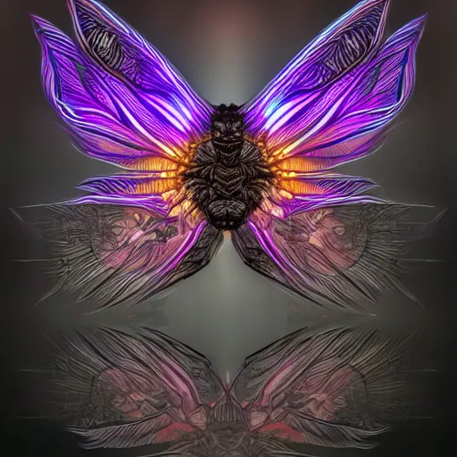 Image similar to moth monster, glowing, symmetrical, highly detailed, digital art, sharp focus, trending on art station, anime art style