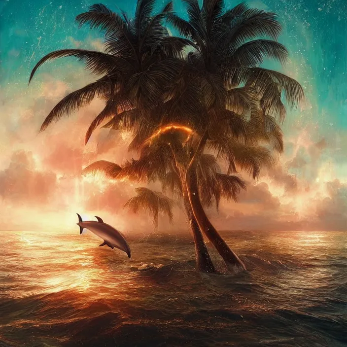 Image similar to dolphins swimming, golden hour, god rays, dreamscape by artgerm and ruan jia and ismail inceoglu and greg olsen, cosmos, milky way galaxy, masterpiece, beautiful, intricate, elegant, highly detailed, palm trees