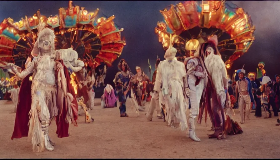 Prompt: movie still by alejandro jodorowsky of a carnival in the desert, cinestill 8 0 0 t eastmancolor technicolor, high quality, very detailed, heavy grain, fine facial features, 8 k, octane render